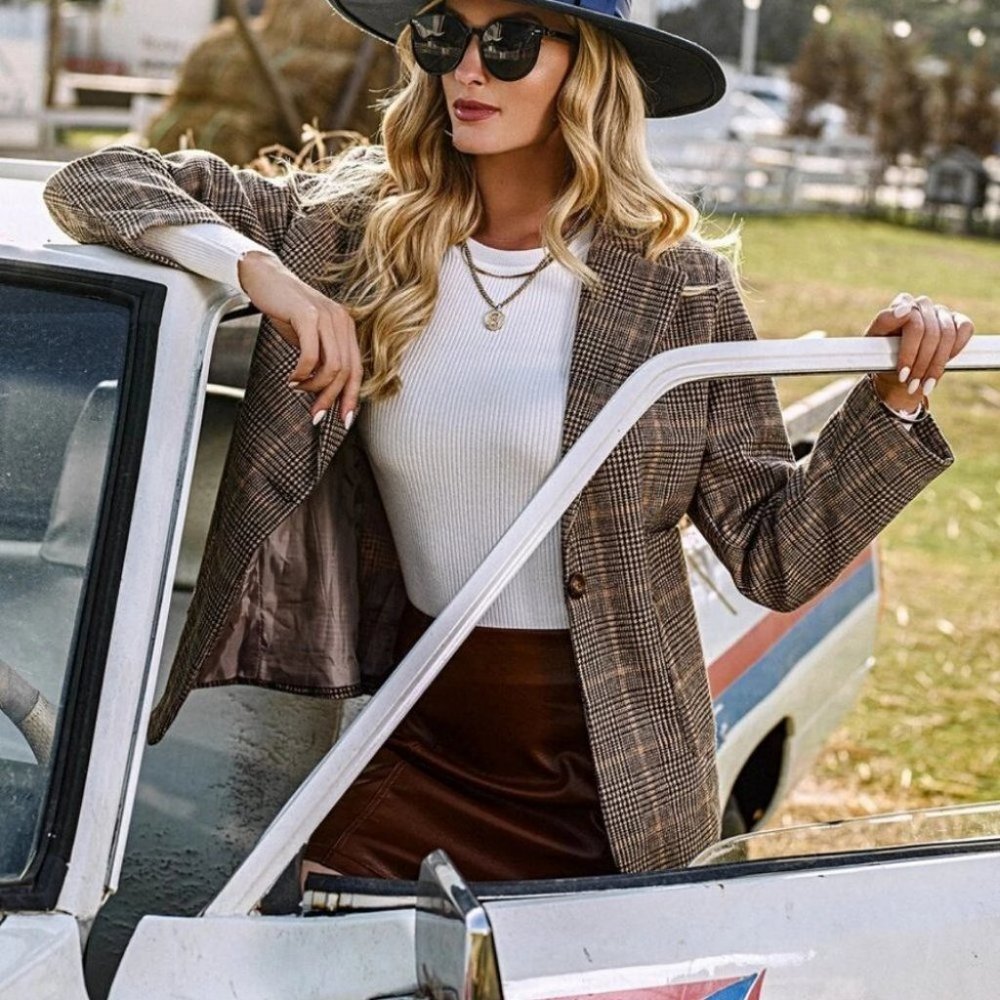 Classy plaid button down Overcoat Jacket Shacket Coat brown - Picture 8 of 8